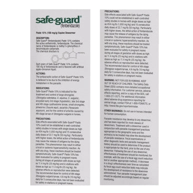 Safe-Guard® Equine Dewormer,"Product label panel with dosage and precautions text"