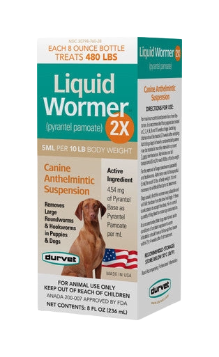 Liquid Wormer™ 2X,"Box of canine anthelmintic suspension with dog photo"
