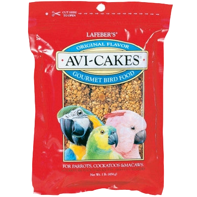 Lafeber Avi-Cakes Bird Food,"Red bird food bag with parrot images on front"