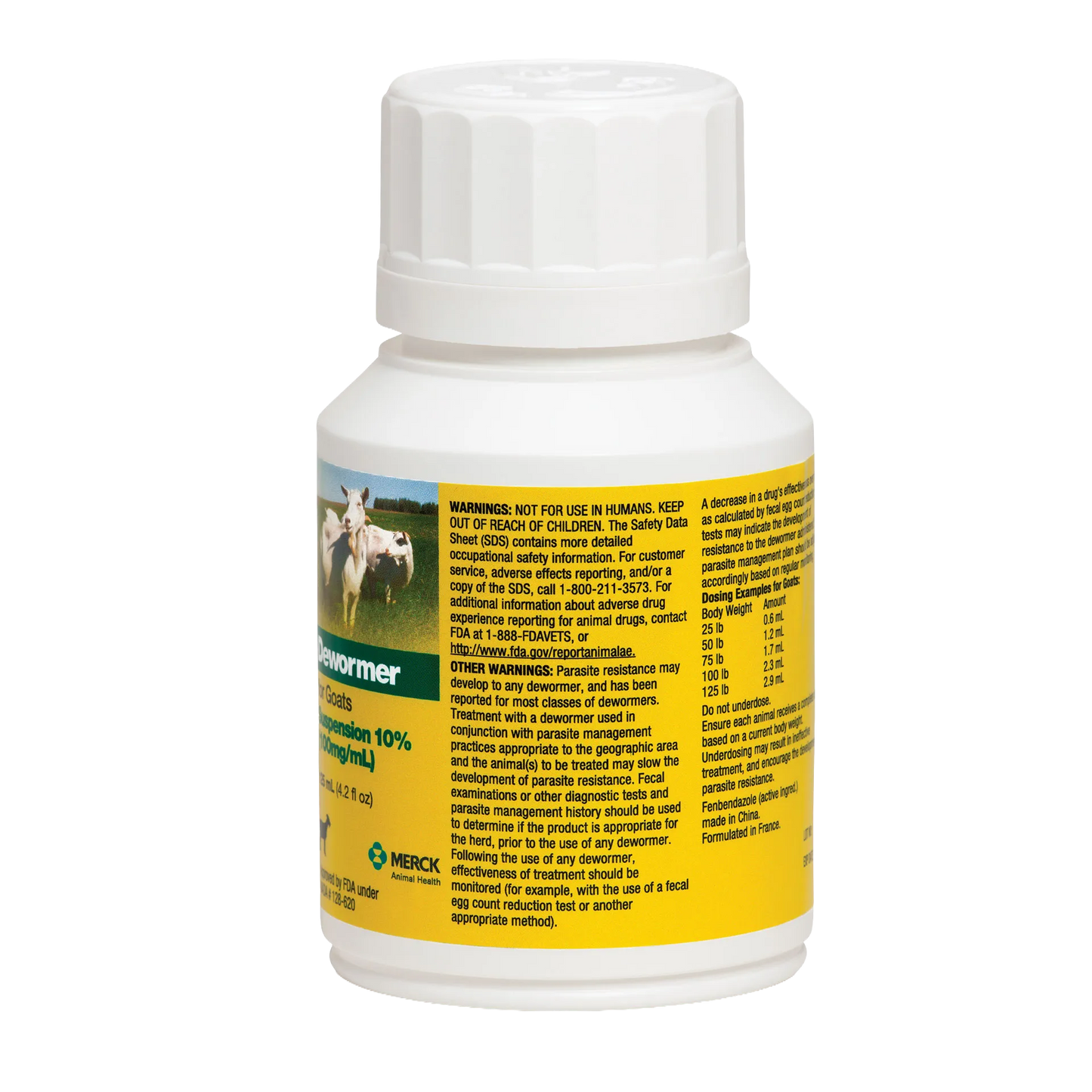 Safe-Guard® Dewormer for Goats Cattle,"White bottle with ribbed cap and yellow wraparound label"