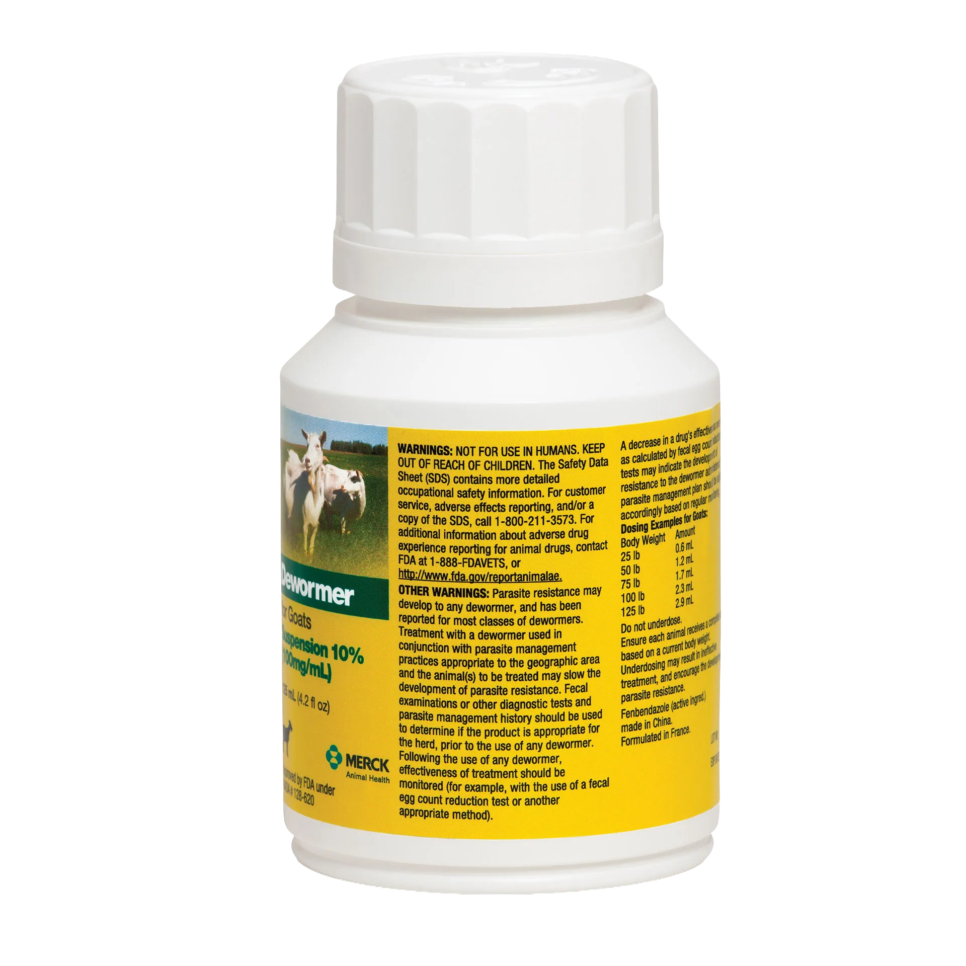 Safe-Guard® Dewormer for Goats Cattle,"White bottle with ribbed cap and yellow wraparound label"
