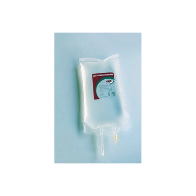 ABT Complete Flush,"Clear fluid bag with dual tubing ports and front label"