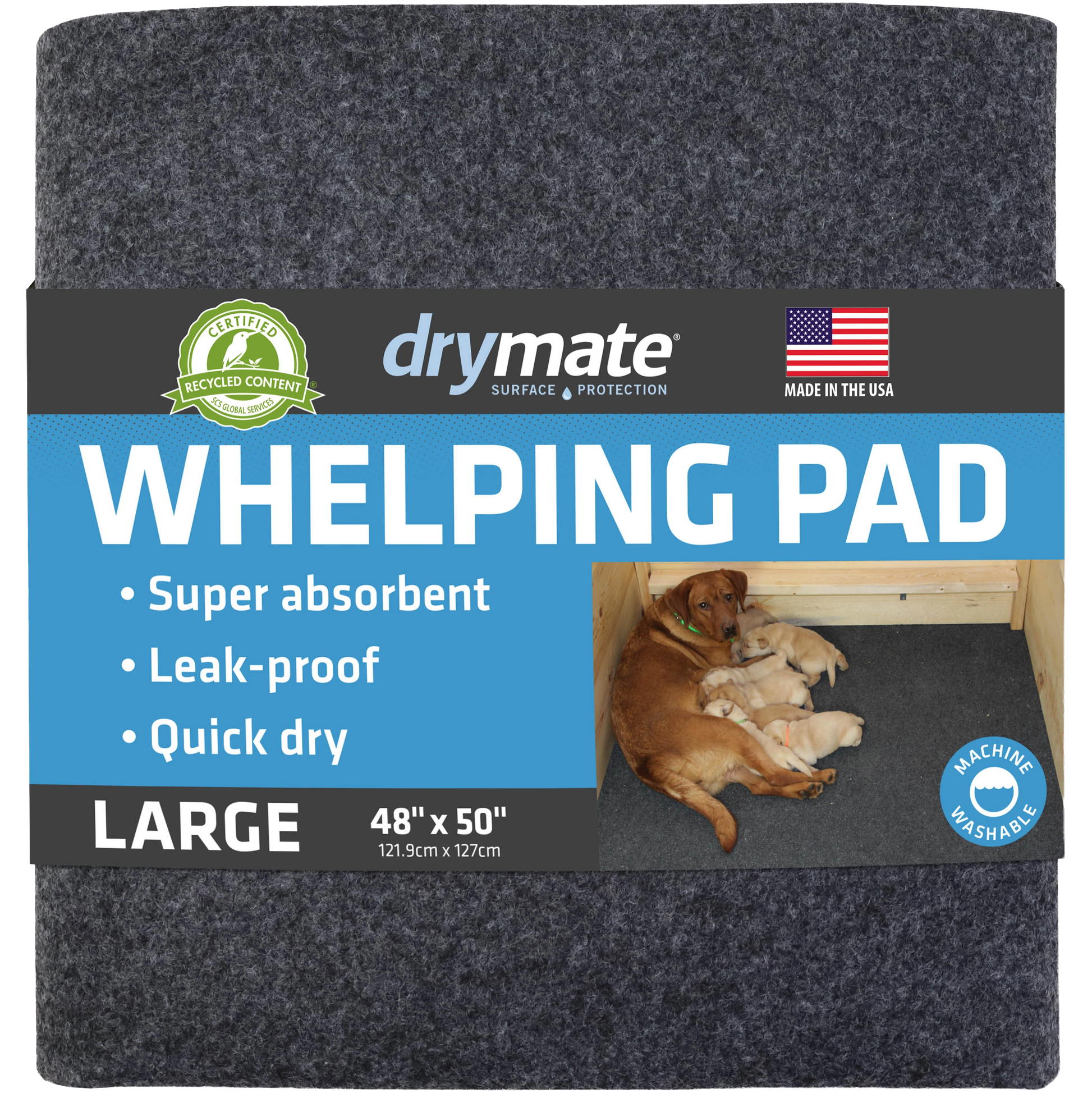 Whelping Pads for Dogs,"Folded dark gray pad with paper wrap label"