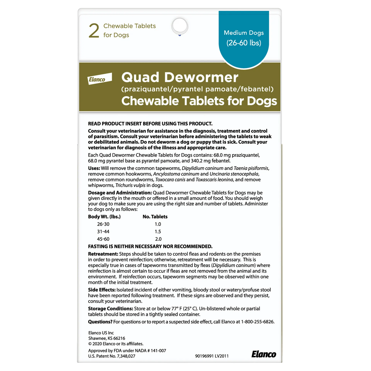Quad Dewormer,"Back of box with dosage instructions for medium dogs"