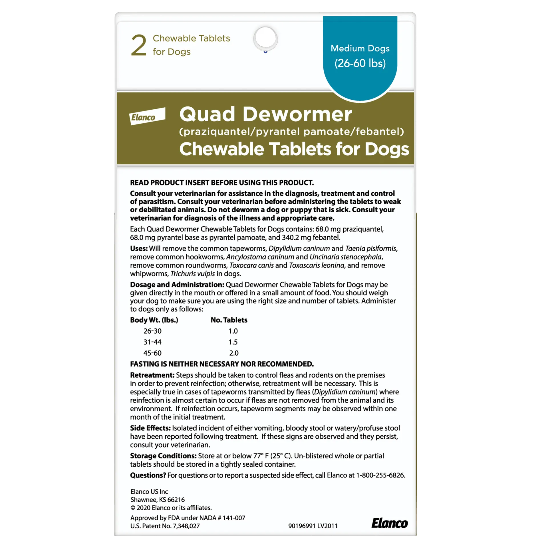 Quad Dewormer,"Back of box with dosage instructions for medium dogs"