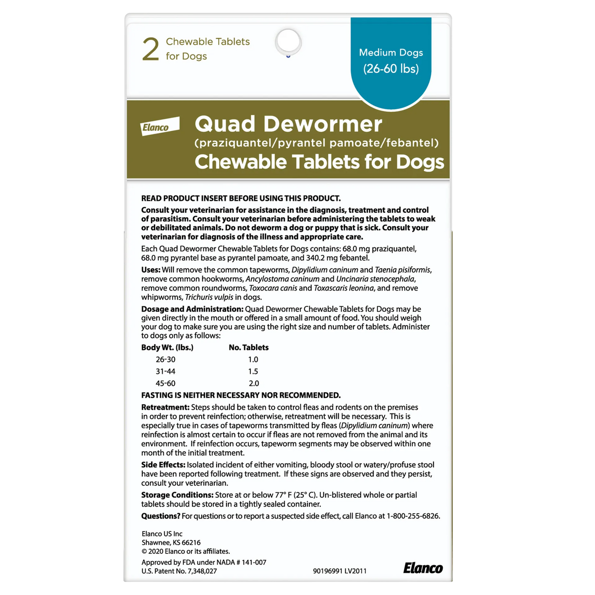 Quad Dewormer,"Back of box with dosage instructions for medium dogs"