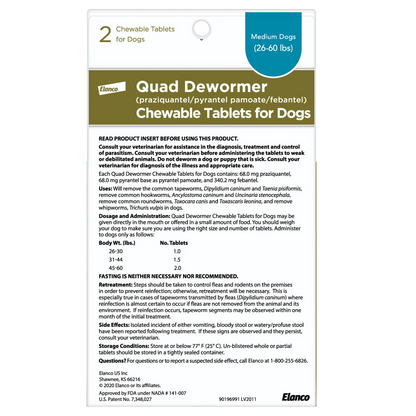 Quad Dewormer,"Back of box with dosage instructions for medium dogs"