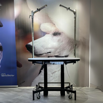 Premium Electric Table by TZGroom,"Electric grooming table with overhead arm and wheeled base"