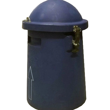 Protective Shipping Carton for 2/1V,"Blue cylindrical shipping container with domed lid and metal latches"