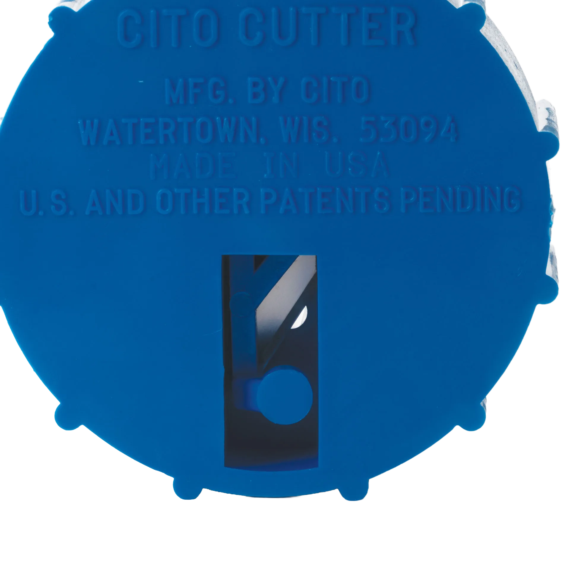 Straw Cutter,"Blue round cutter with visible metal blade slot"