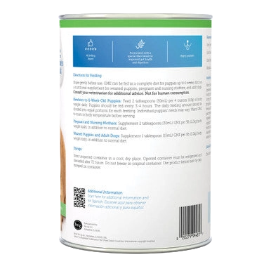 Goats Milk Esbilac® Puppies,"Back of can with feeding directions label"