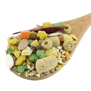 ZuPreem Smart Selects,"Bird seed mix with pellets and dried fruit in wooden scoop"