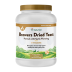 Brewers Dried Yeast Formula with Garlic Flavoring,"White plastic powder jar with gold lid and wraparound label"