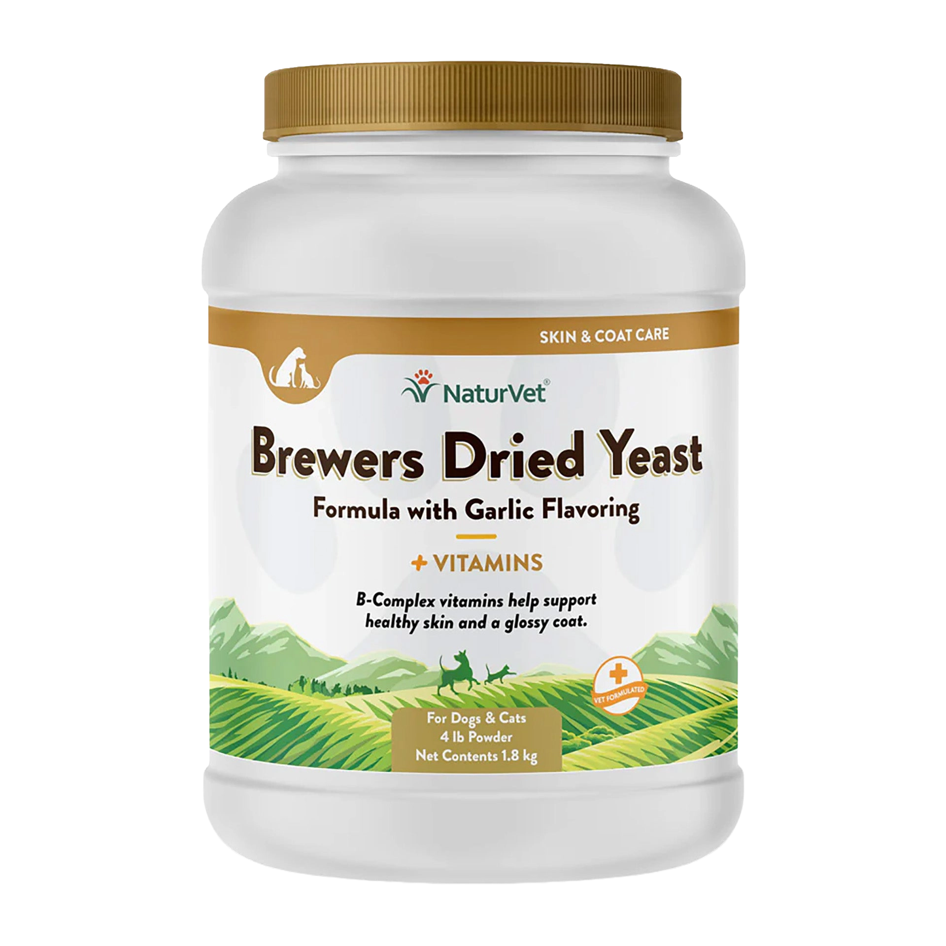 Brewers Dried Yeast Formula with Garlic Flavoring,"White plastic powder jar with gold lid and wraparound label"