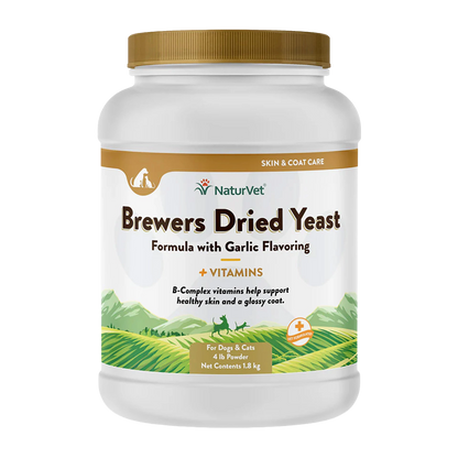 Brewers Dried Yeast Formula with Garlic Flavoring,"White plastic powder jar with gold lid and wraparound label"