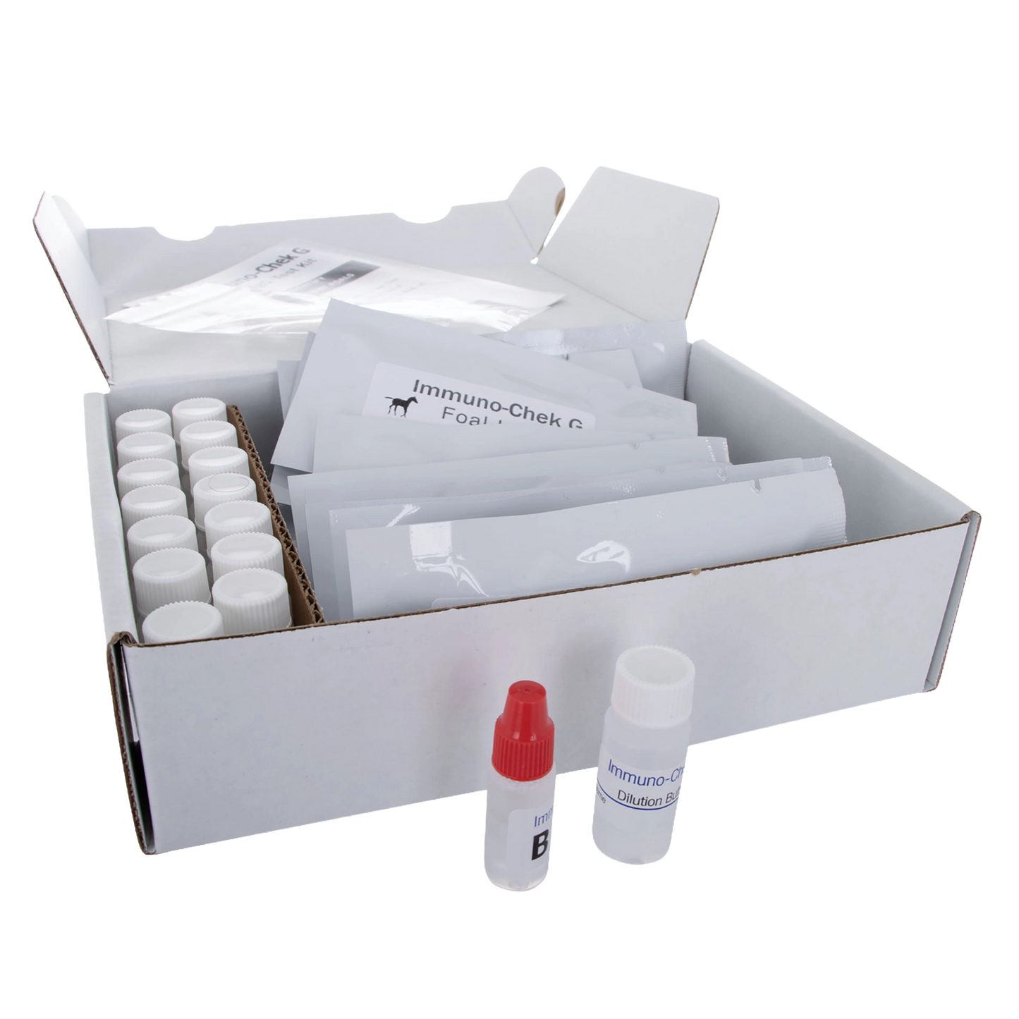 IgG Immunocheck,"Open test kit box with capped vials, packets, and two reagent bottles"