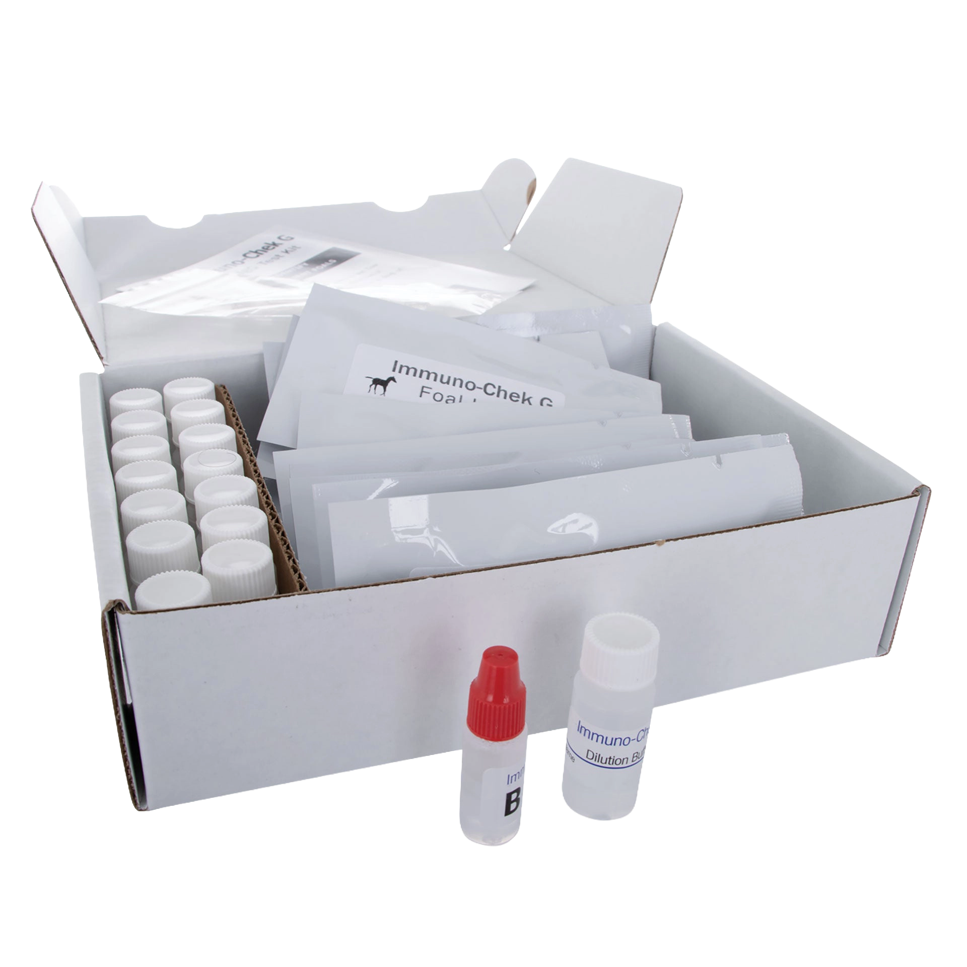 IgG Immunocheck,"Open test kit box with capped vials, packets, and two reagent bottles"