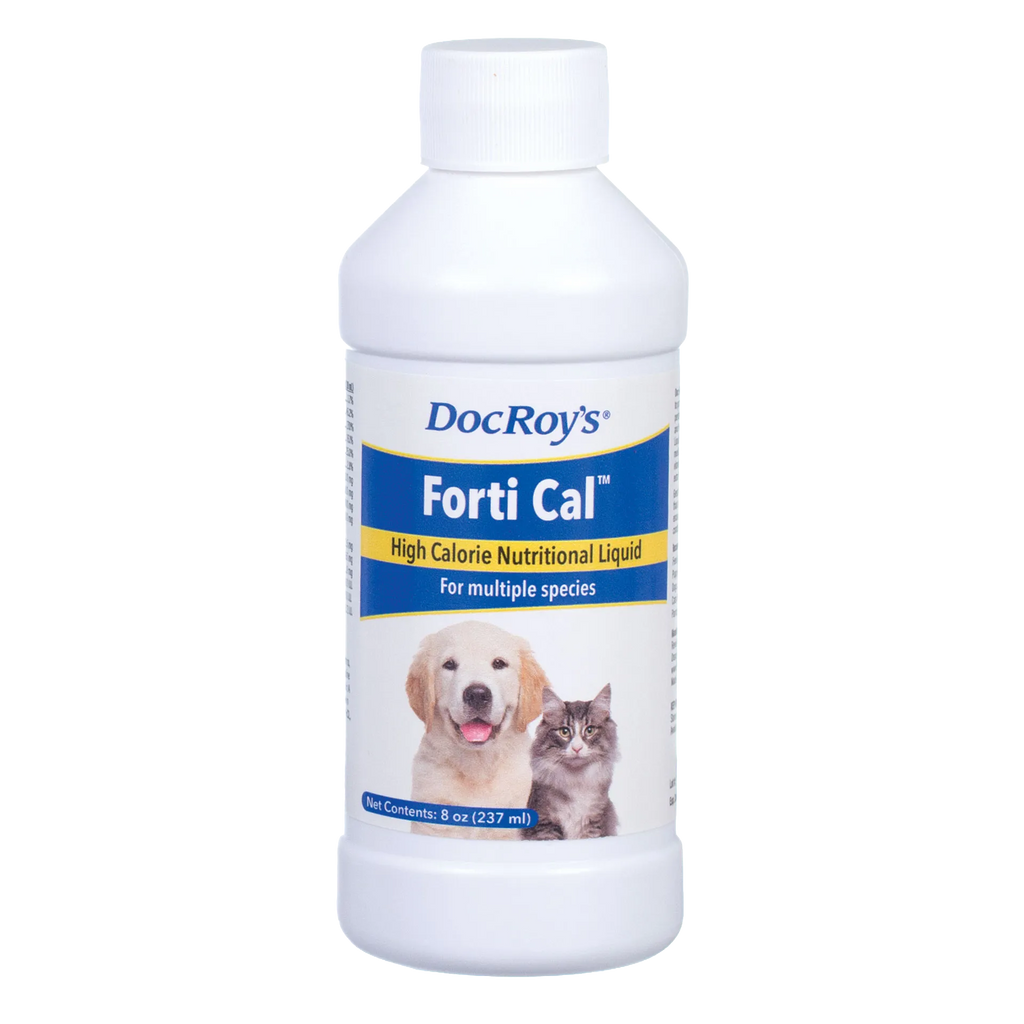 Doc Roy's® Forti Cal™ Liquid,"White bottle with screw cap and dog and cat label"