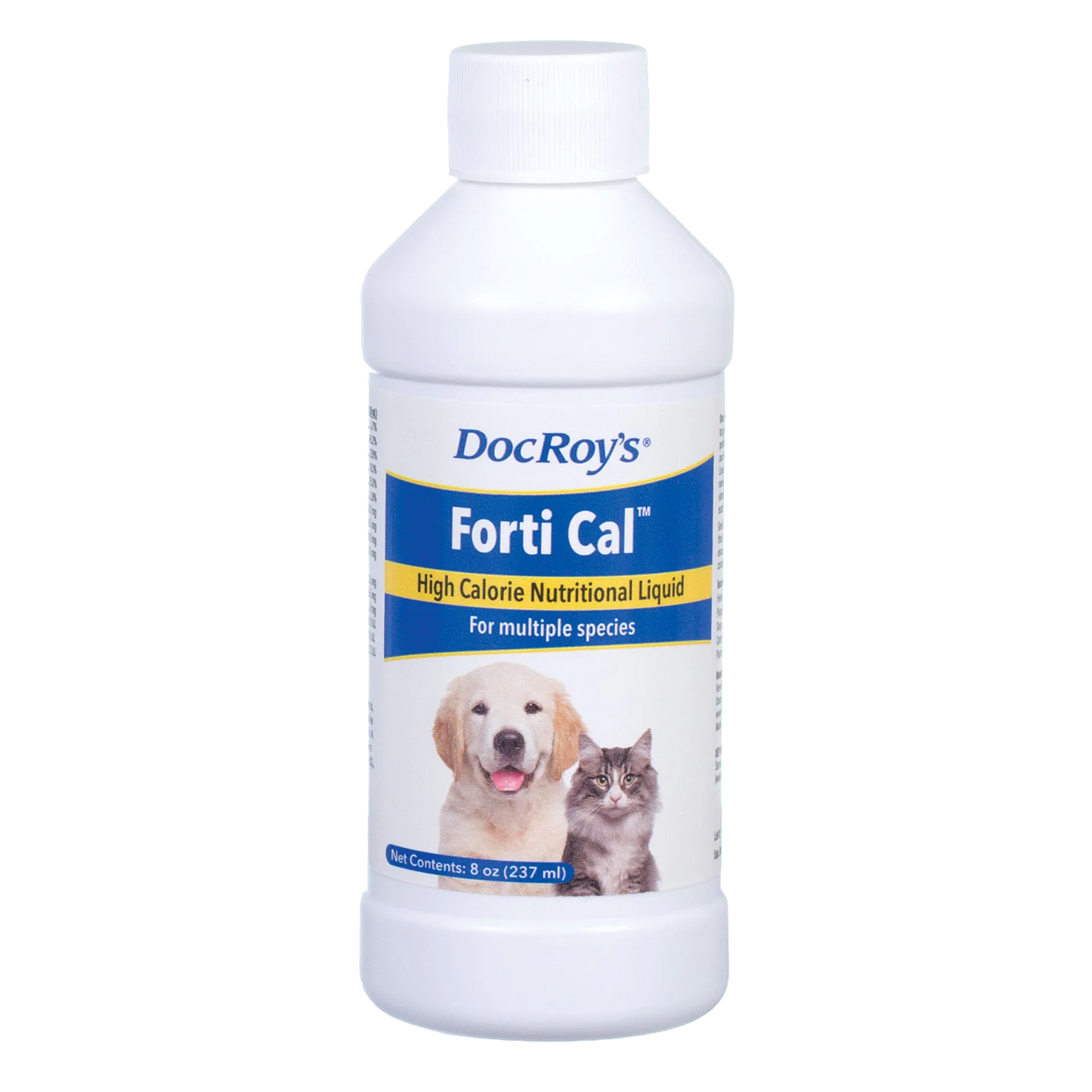 Doc Roy's® Forti Cal™ Liquid,"White bottle with screw cap and dog and cat label"
