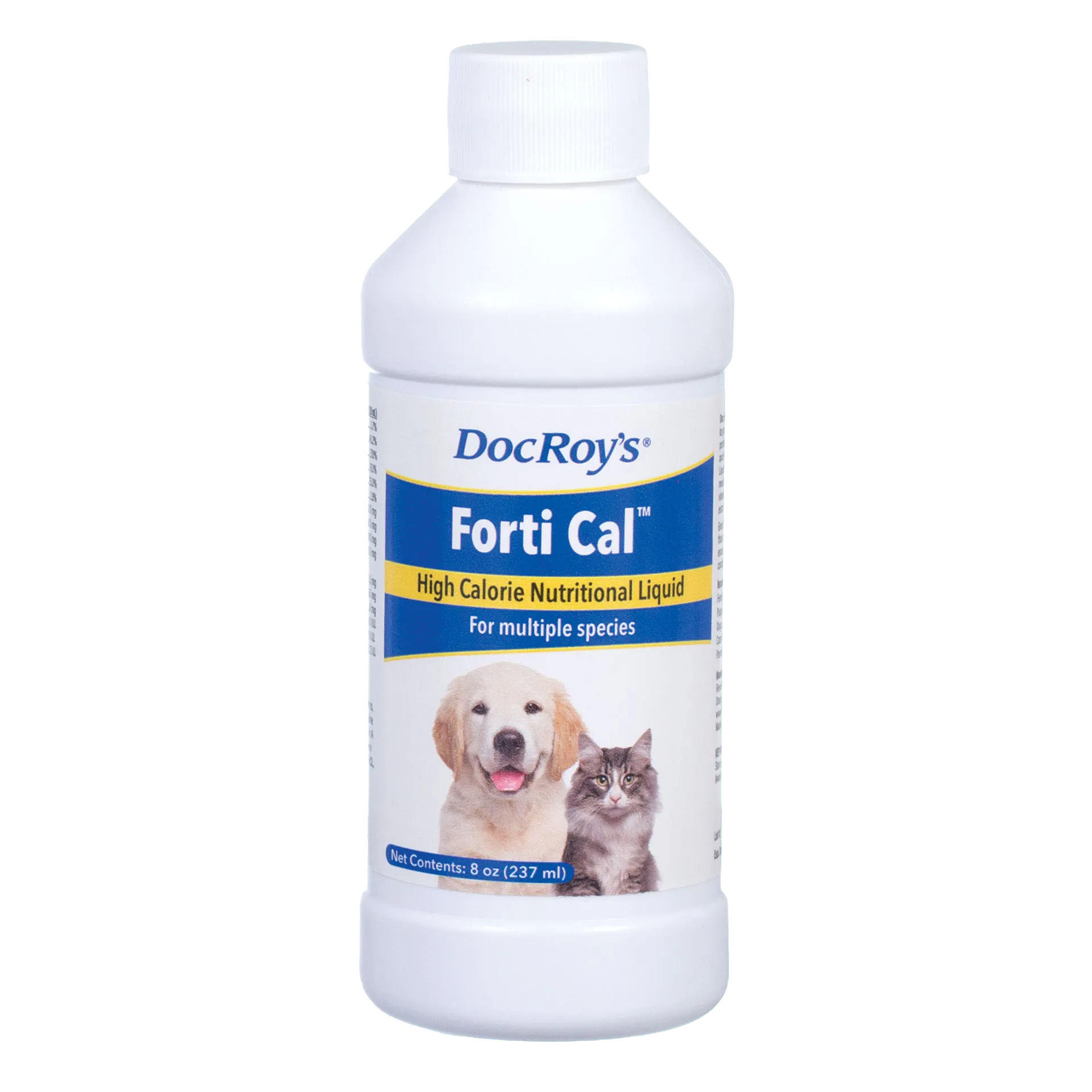 Doc Roy's® Forti Cal™ Liquid,"White bottle with screw cap and dog and cat label"