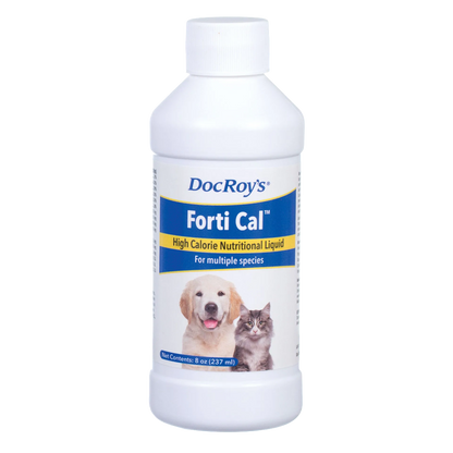 Doc Roy's® Forti Cal™ Liquid,"White bottle with screw cap and dog and cat label"