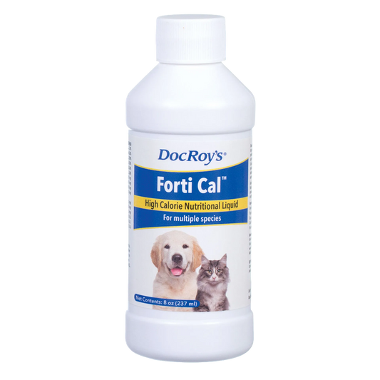 Doc Roy's® Forti Cal™ Liquid,"White bottle with screw cap and dog and cat label"