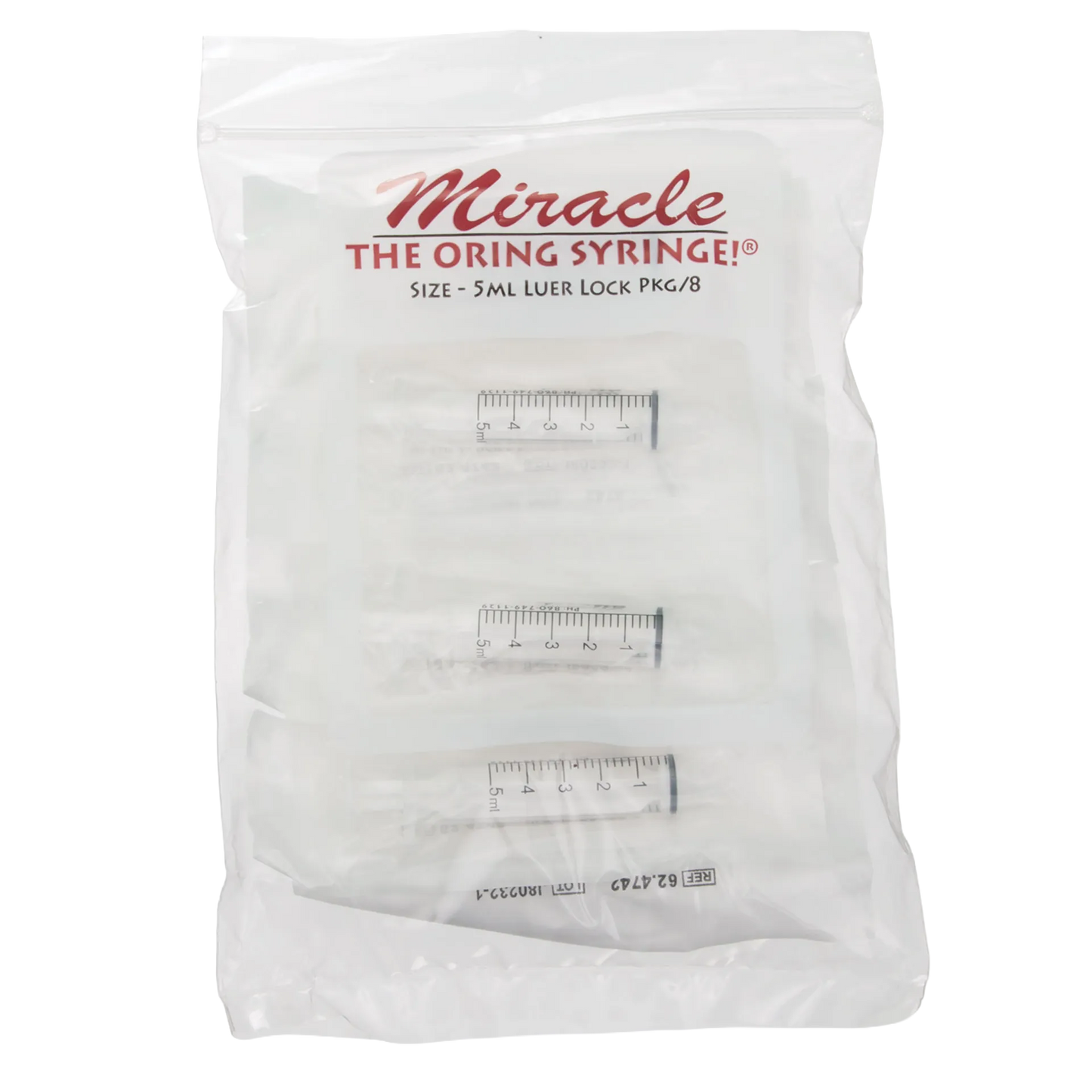 Miracle Nipple O-ring Syringe,"Clear plastic bag with multiple 5 mL syringes visible"