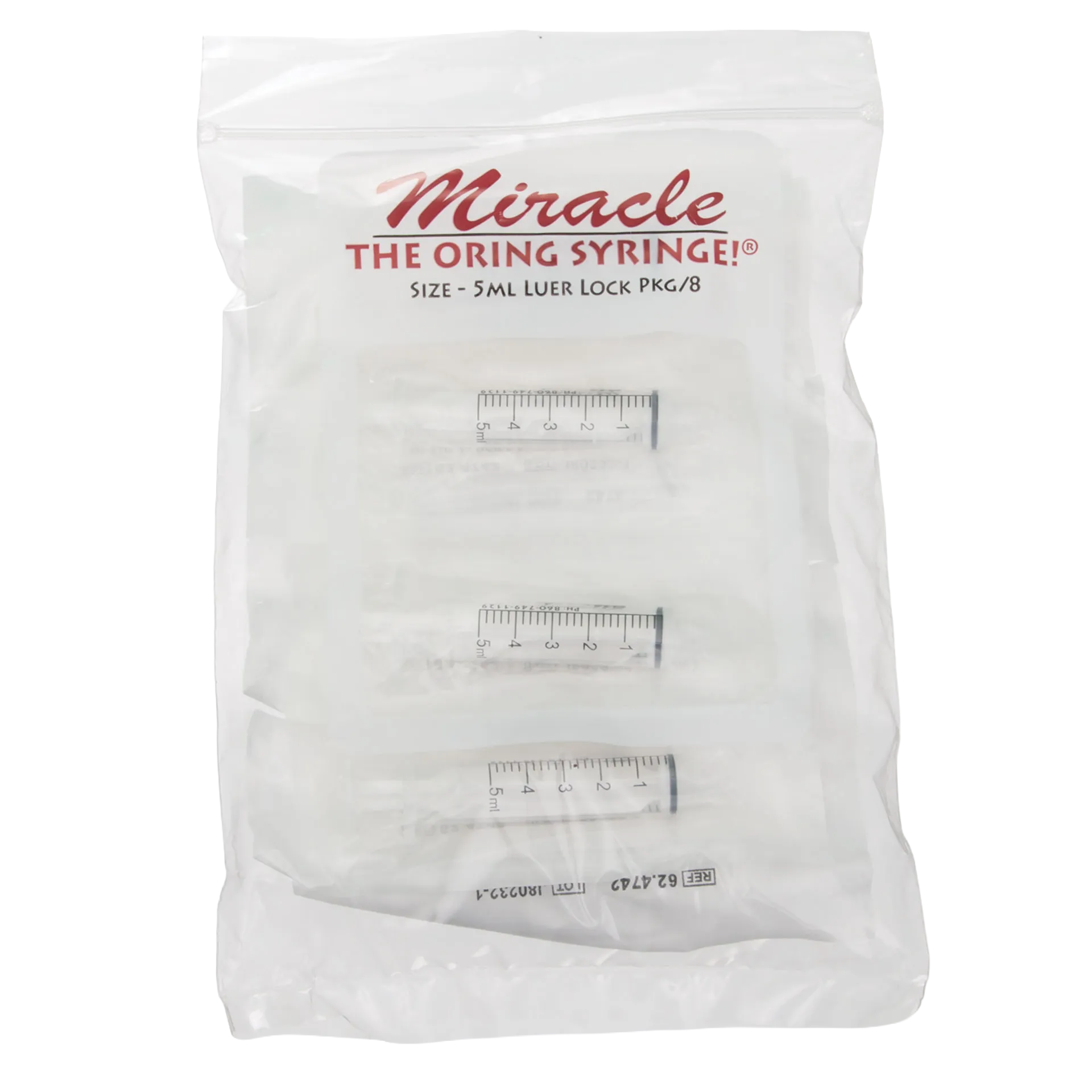 Miracle Nipple O-ring Syringe,"Clear plastic bag with multiple 5 mL syringes visible"