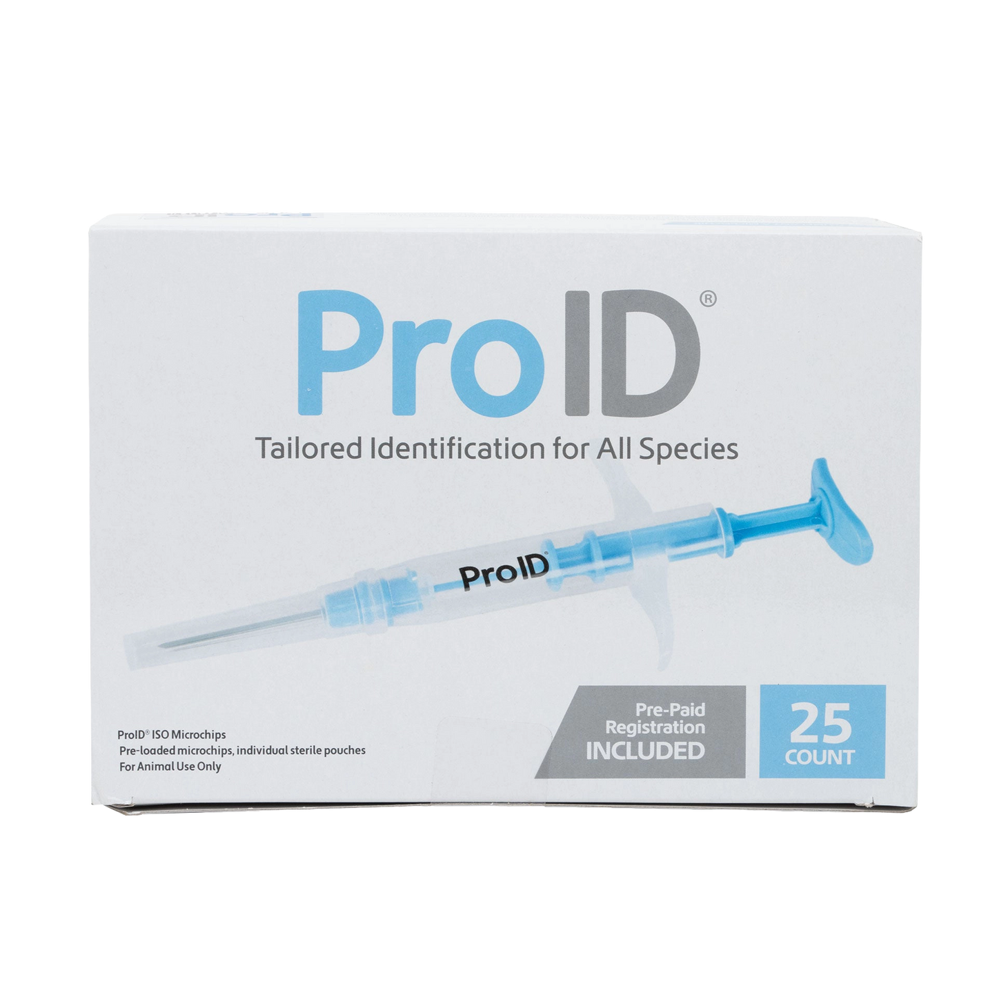 ProID® ISO Microchips,"Product box with illustrated syringe and 25-count label"