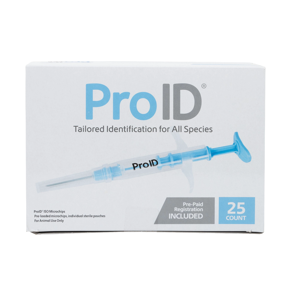ProID® ISO Microchips,"Product box with illustrated syringe and 25-count label"