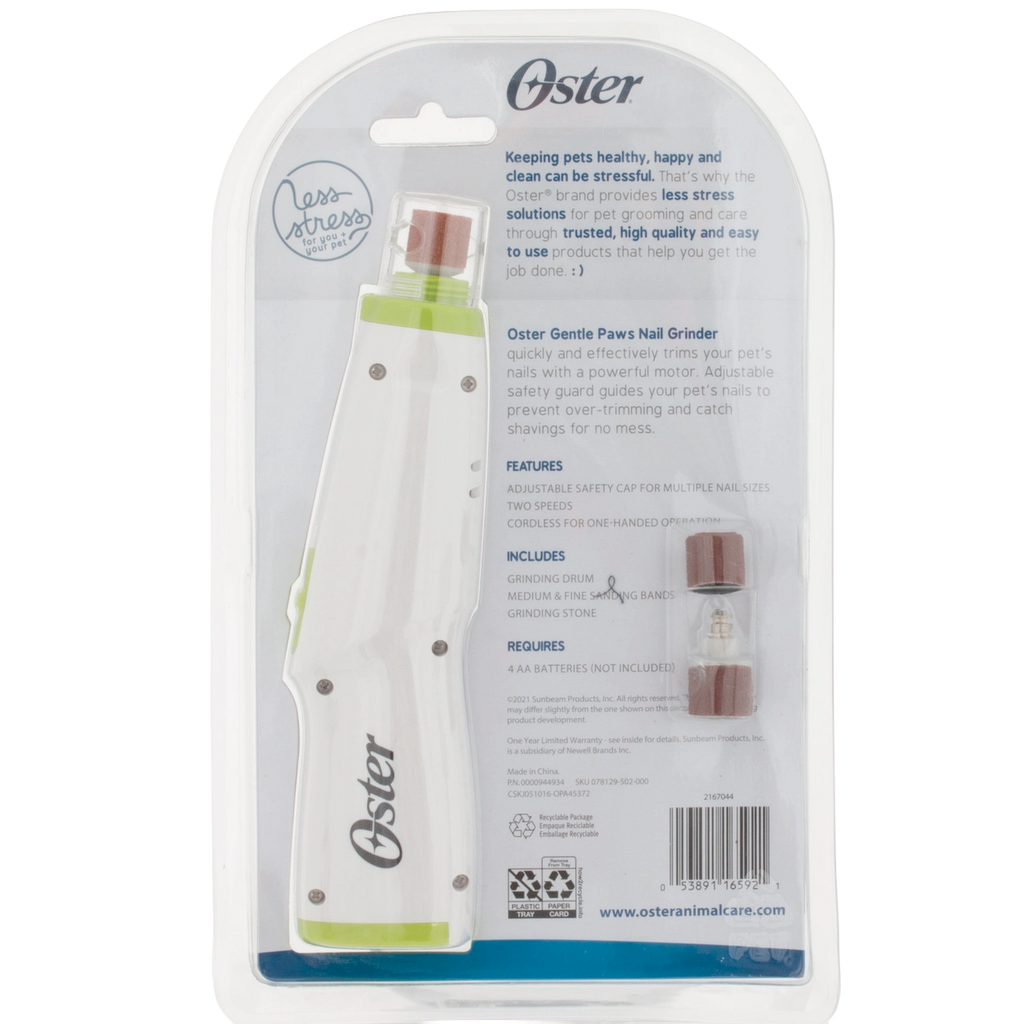 Oster® Gentle Paws™ Premium Nail Trimmer,"Packaged nail grinder with sanding bands and accessory inserts"