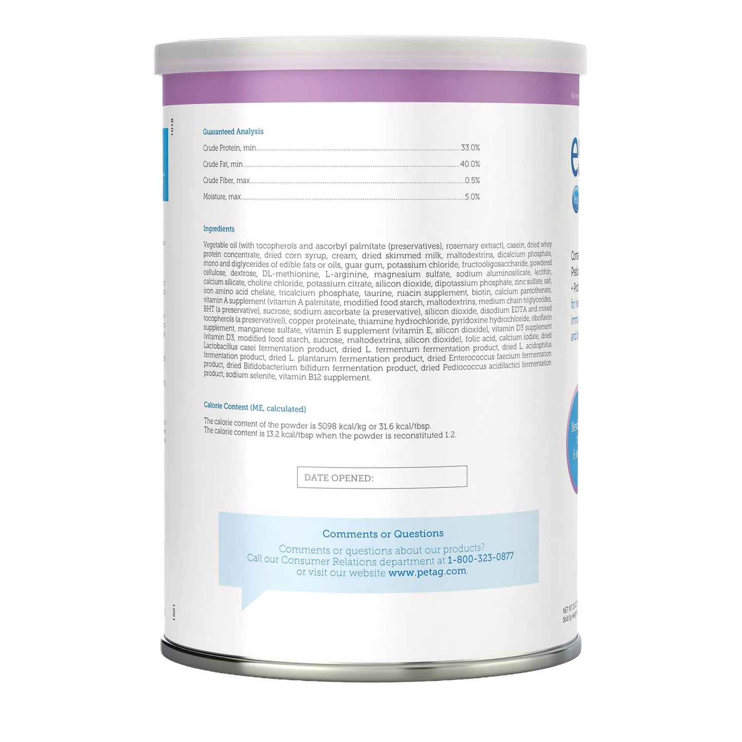 Esbilac® Puppy Milk Replacer,"Back view of cylindrical can with nutrition panel"