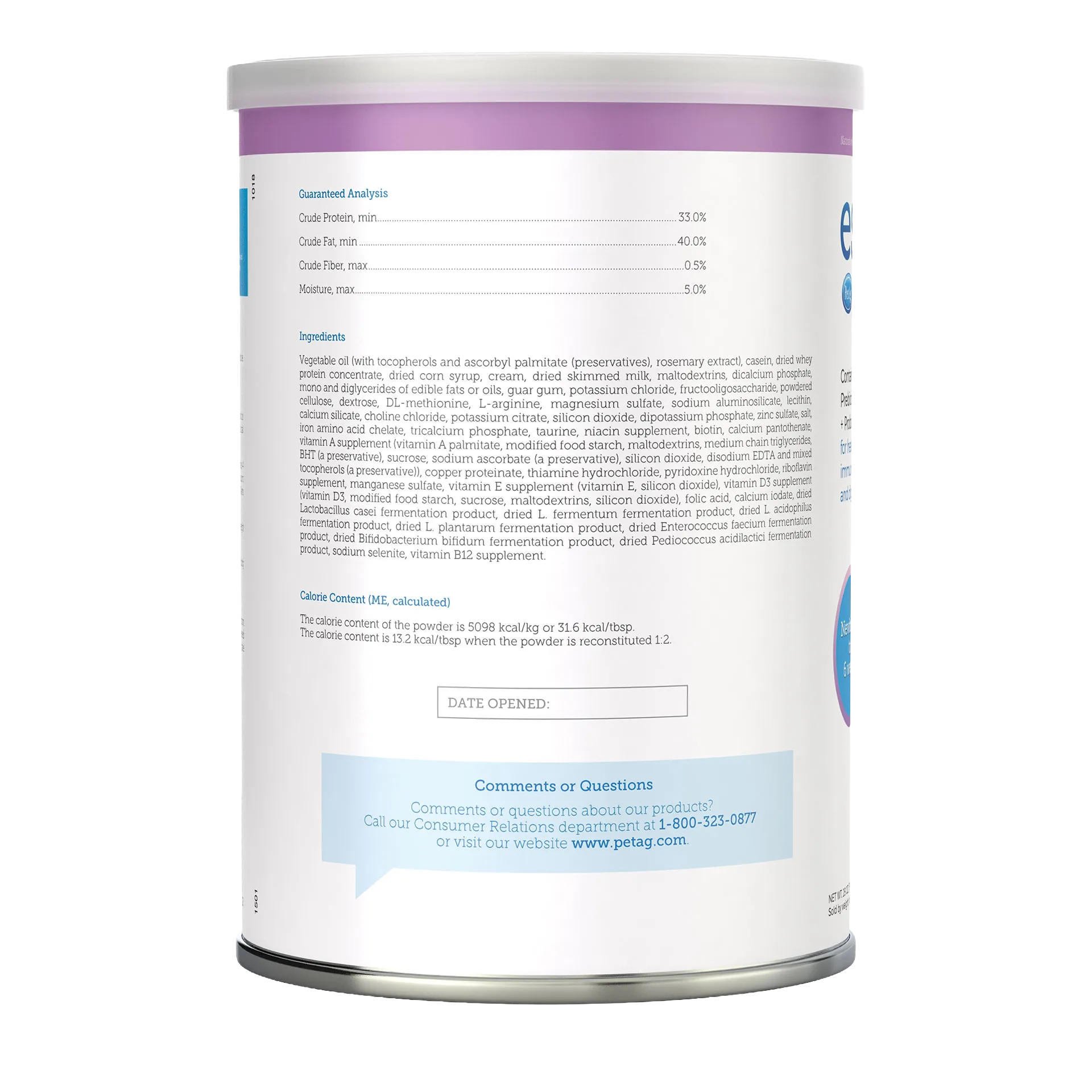 Esbilac® Puppy Milk Replacer,"Back view of cylindrical can with nutrition panel"