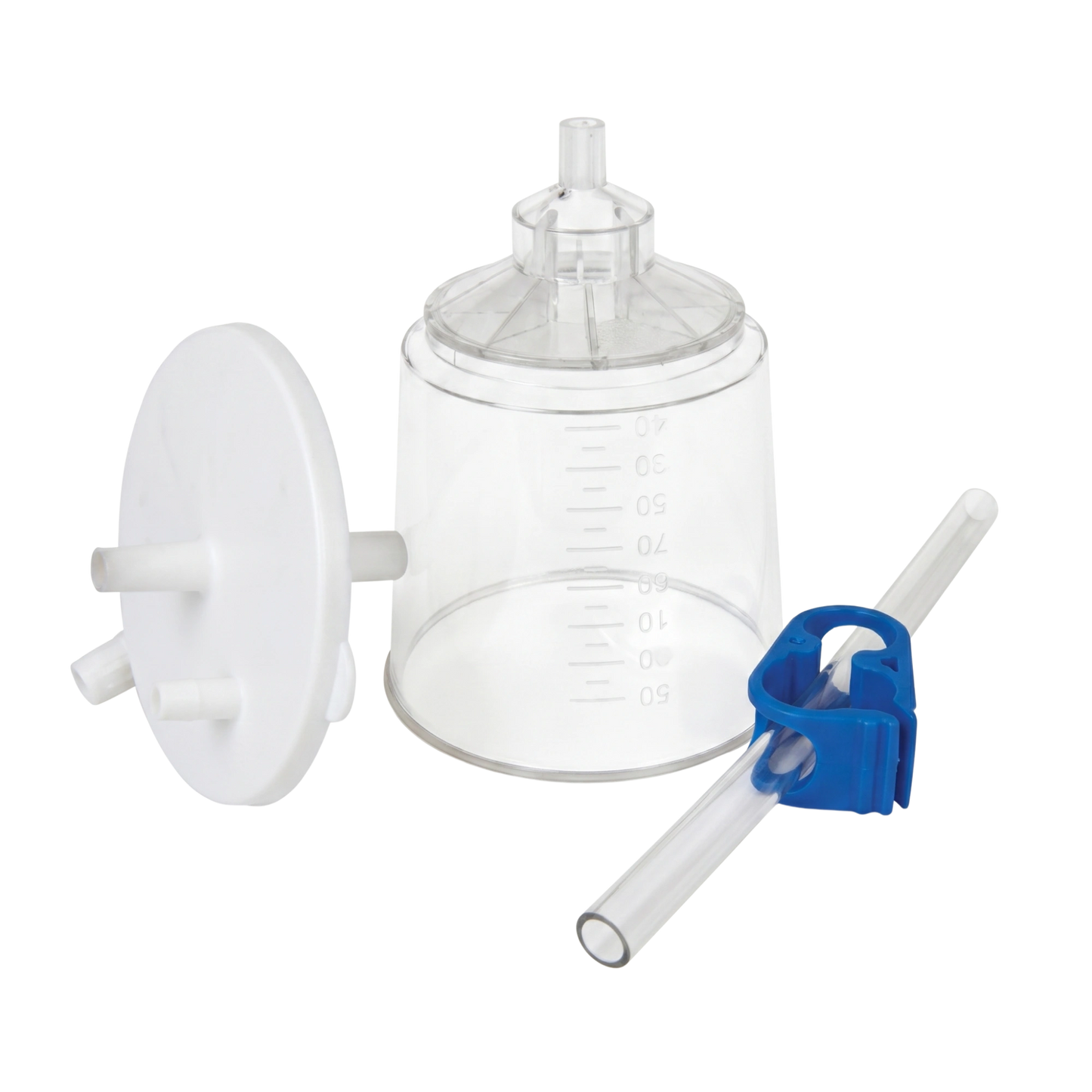 High Flow Filter,"Clear canister with white filter disc and blue tube clamp"
