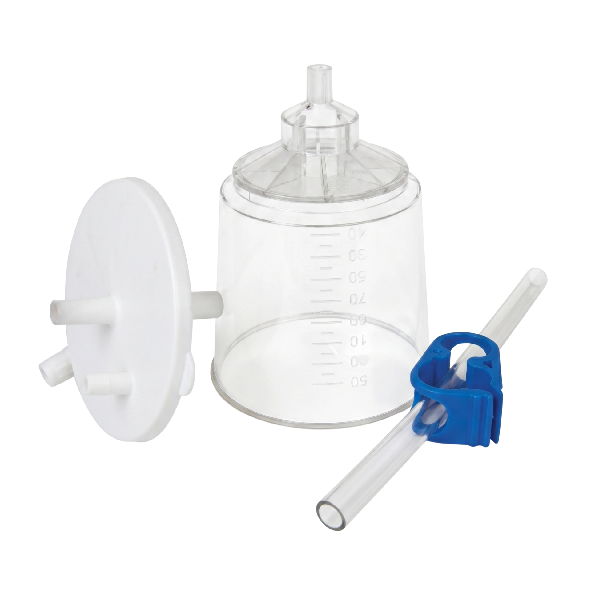 High Flow Filter,"Clear canister with white filter disc and blue tube clamp"