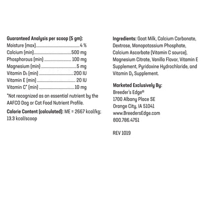 Breeder's Edge® Oral Cal Plus™ Powder,"Back label view of powder supplement container"