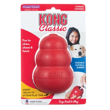 Kong® Classic,"Red rubber dog toy in retail packaging"