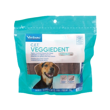 C.E.T.® VeggieDent® Fr3sh,"Teal stand-up pouch with dog image and visible chew treats"