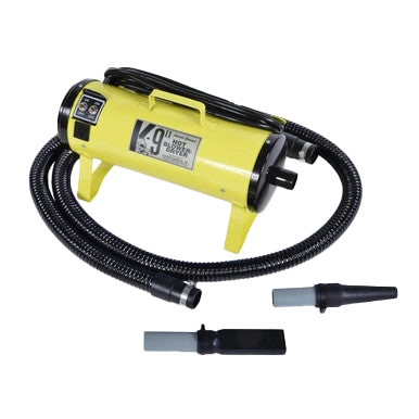 K-9 II Dog Dryer With FREE Water Peeler,"Yellow dryer with coiled hose and two black nozzle attachments"
