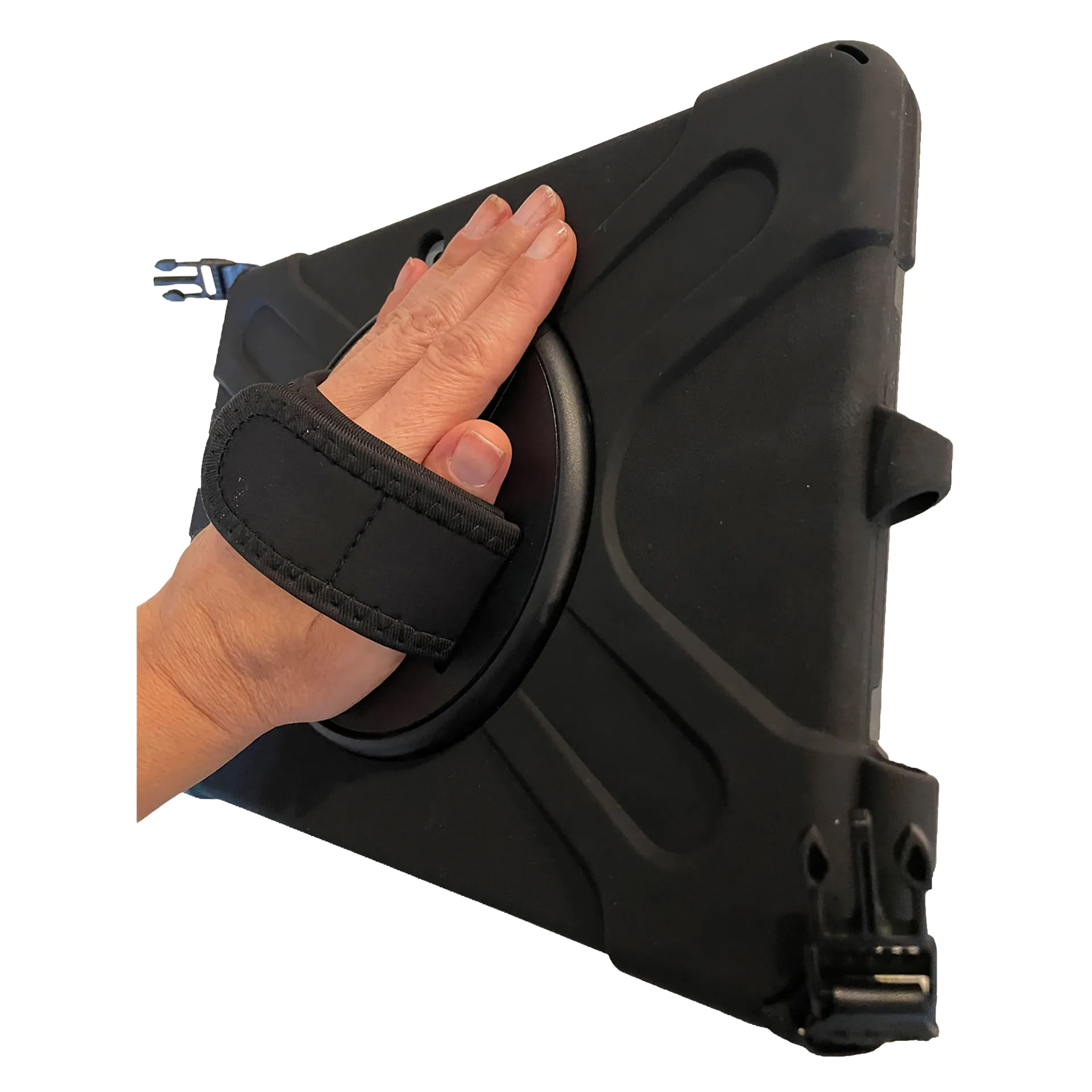 ScanX Portable Ultrasound,"Black protective case with hand strap shown in hand"