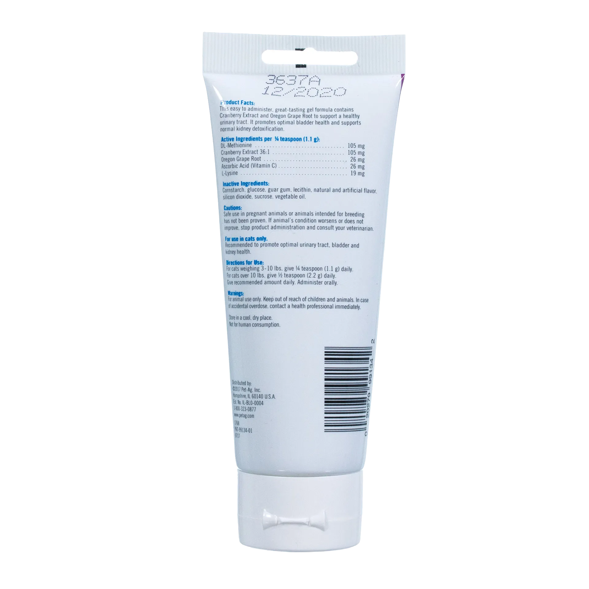PetAg UT Solution Cat Gel Supplement for Cats,"Back view of white squeeze tube with flip-top cap"