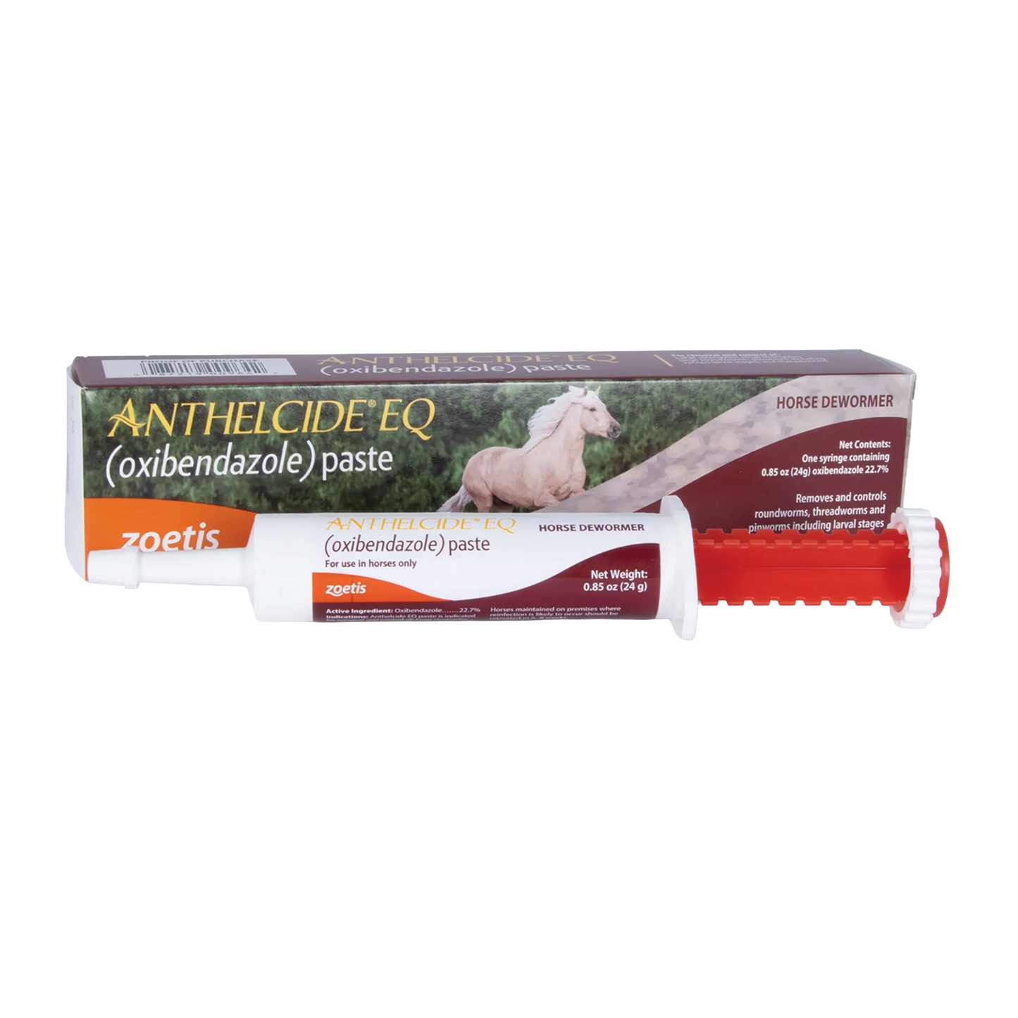 Anthelcide® EQ Paste Horse Dewormer,"Oral paste syringe with red plunger beside product box"