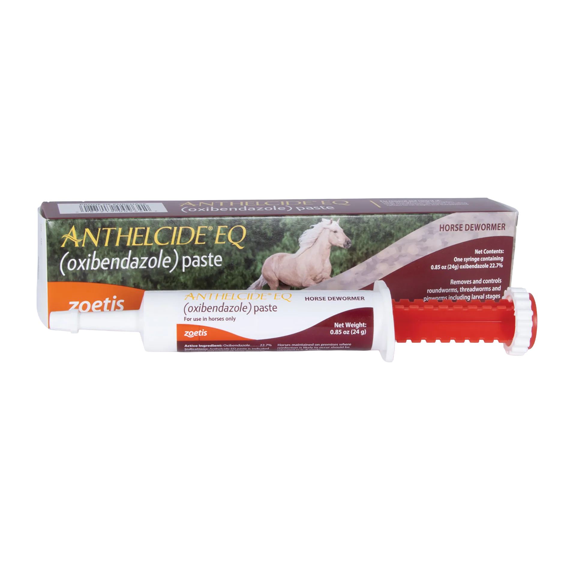 Anthelcide® EQ Paste Horse Dewormer,"Oral paste syringe with red plunger beside product box"