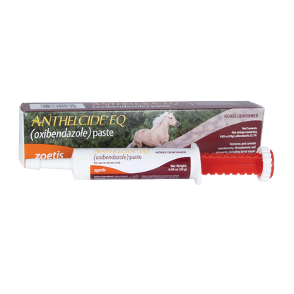 Anthelcide® EQ Paste Horse Dewormer,"Oral paste syringe with red plunger beside product box"