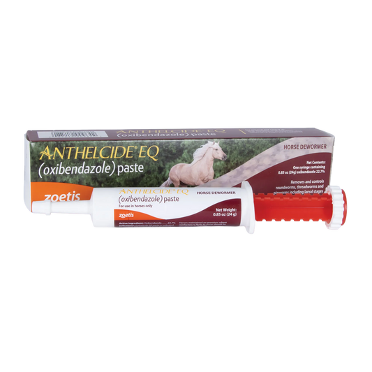 Anthelcide® EQ Paste Horse Dewormer,"Oral paste syringe with red plunger beside product box"