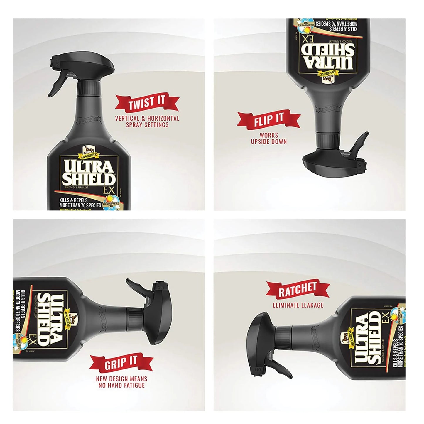 UltraShield® EX Insecticide & Repellent,"Black spray bottle shown in four trigger positions"