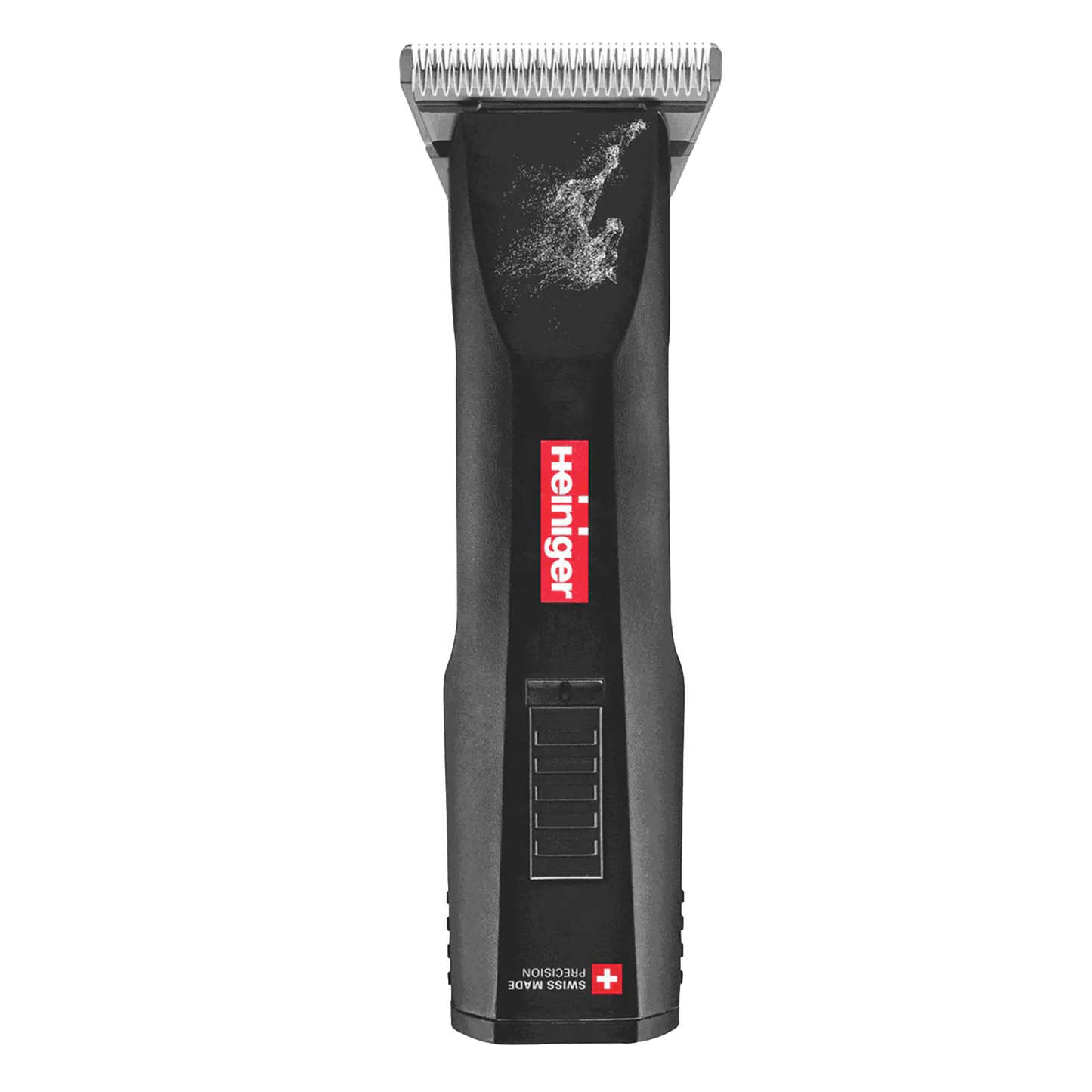Horse Saphir Cordless Clipper with 2 Batteries and #10WF Blade by Heiniger,"Black cordless clipper with silver blade, front view"