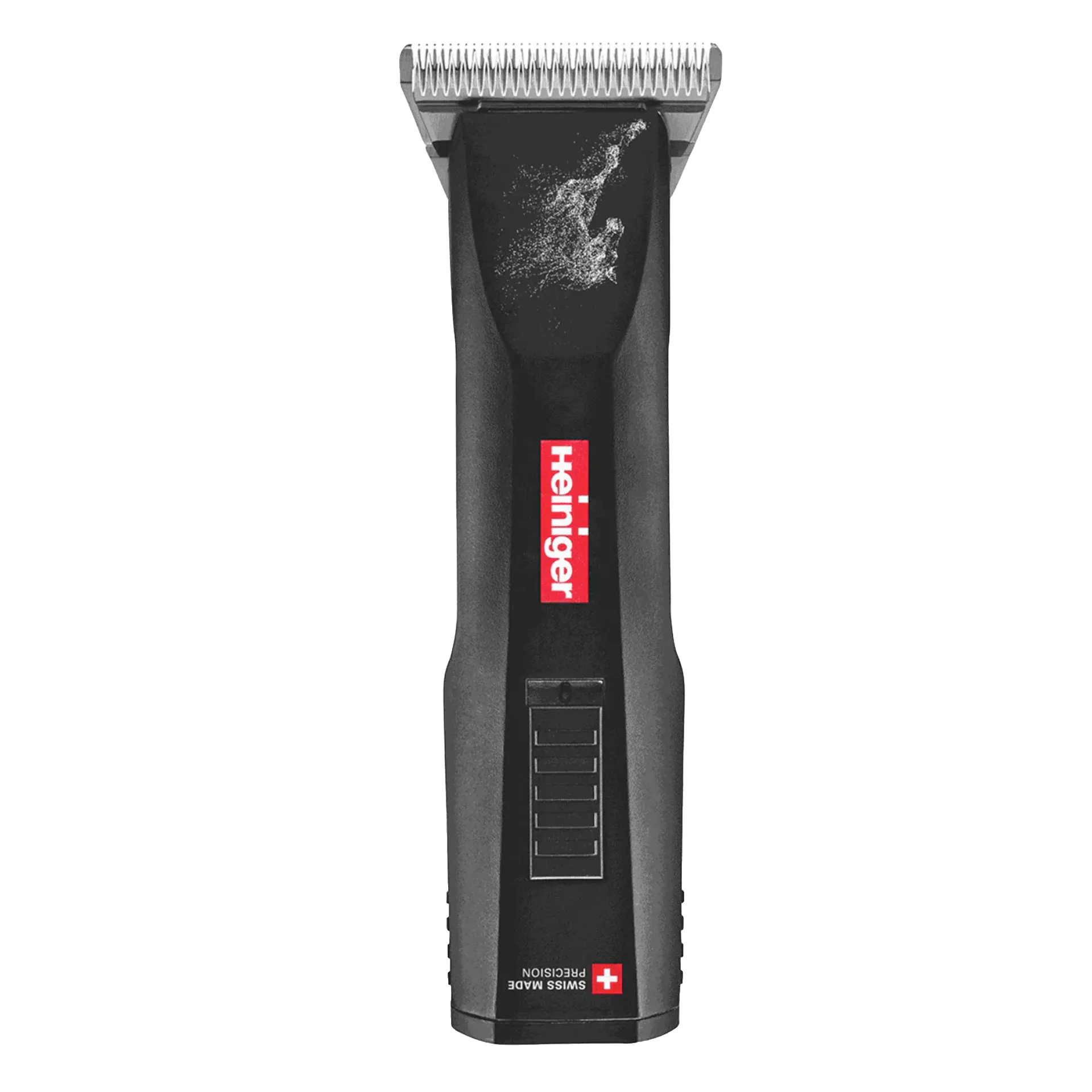 Horse Saphir Cordless Clipper with 2 Batteries and #10WF Blade by Heiniger,"Black cordless clipper with silver blade, front view"