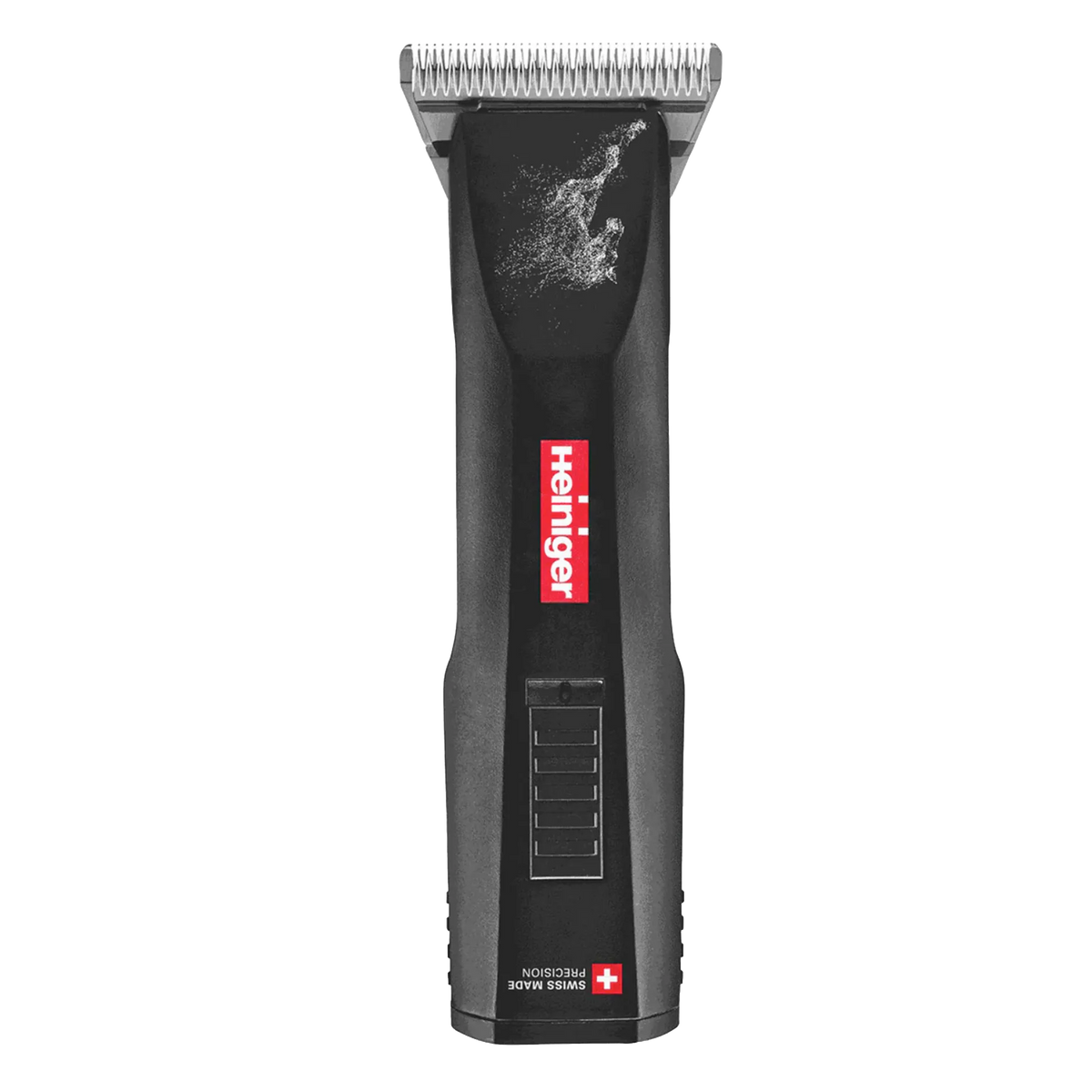 Horse Saphir Cordless Clipper with 2 Batteries and #10WF Blade by Heiniger,"Black cordless clipper with silver blade, front view"