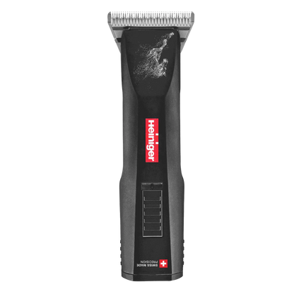 Horse Saphir Cordless Clipper with 2 Batteries and #10WF Blade by Heiniger,"Black cordless clipper with silver blade, front view"